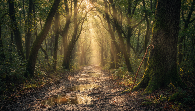 Eye-level view of a narrow forest path lit by sunbeams after rain.