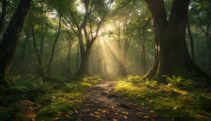 Wide-angle view of a narrow path through a forest with sunlight breaking through the trees.