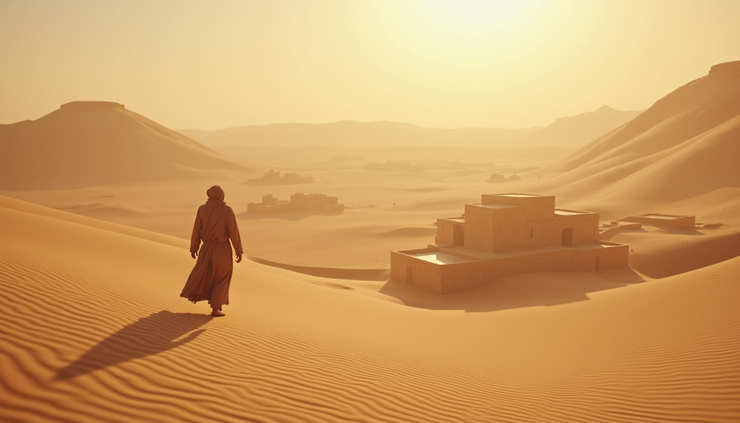 Eye-level view of a desert landscape with a solitary figure walking toward a distant settlement