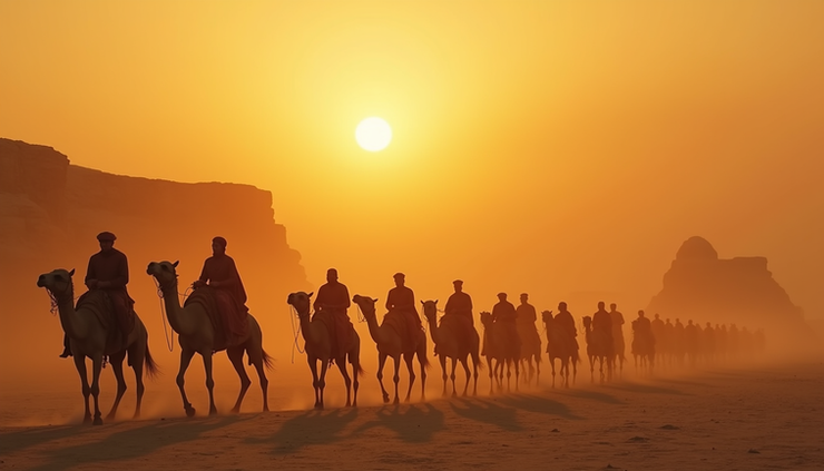 Eye-level view of a caravan arriving at the gates of ancient Egypt