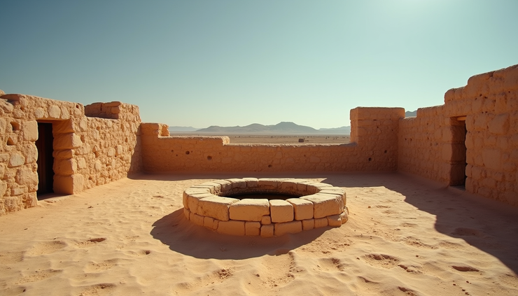 Eye-level view of a rustic well surrounded by ancient stone walls in a desert landscape