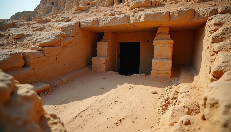 Eye-level view of an ancient tomb carved into rocky terrain, symbolizing Joseph's burial place