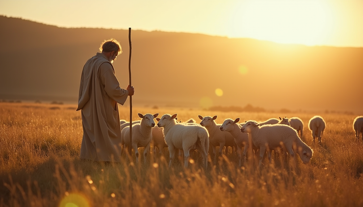 Eye-level view of a shepherd tending spotted and speckled sheep in a sunlit pasture