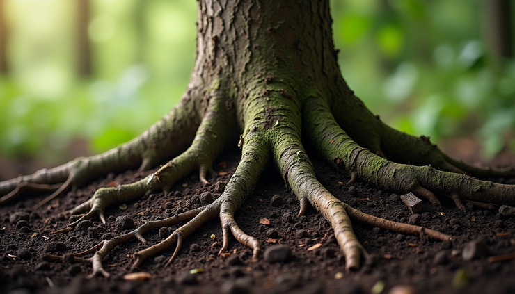 Eye-level view of a sturdy tree trunk deeply rooted in rich soil