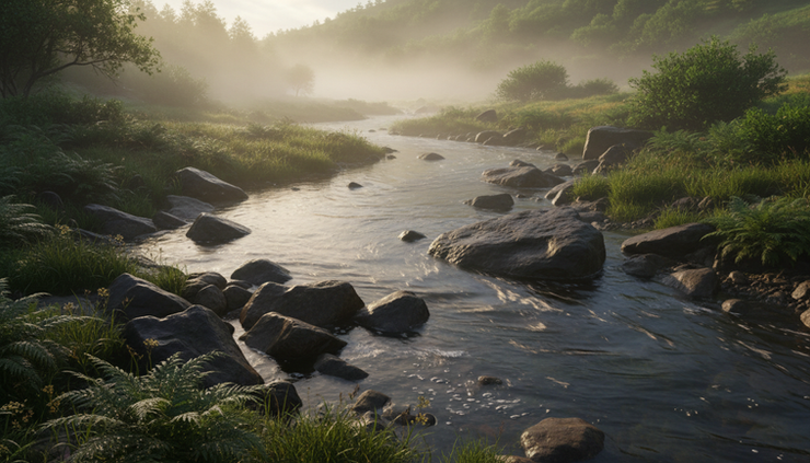 Wide-angle view of a quiet river flowing past rocks after heavy rain.