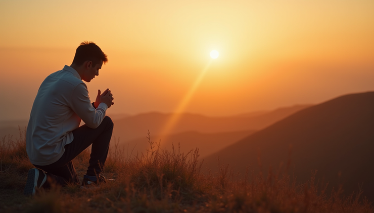 Eye-level view of a person kneeling in prayer at sunrise on a quiet hilltop