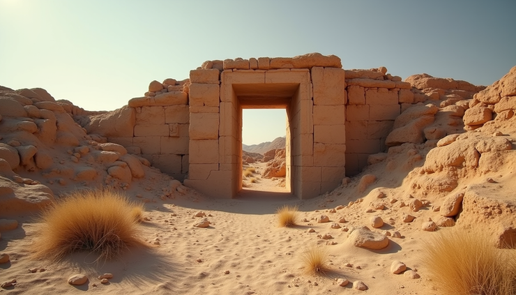 Eye-level view of an ancient stone tomb entrance surrounded by desert landscape