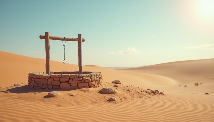 Eye-level view of a desert landscape with an ancient well under a clear sky
