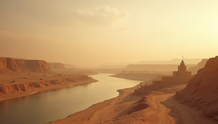 Eye-level view of ancient Egyptian landscape with the Nile River and distant settlements
