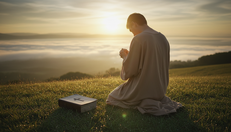 Wide-angle view of a person kneeling on a quiet hillside at sunrise.