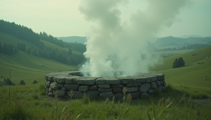 Eye-level view of an ancient altar with smoke rising, set in a lush green landscape