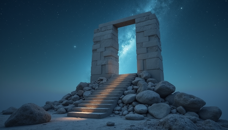 Eye-level view of a stone altar under a starry night sky with a ladder reaching upward