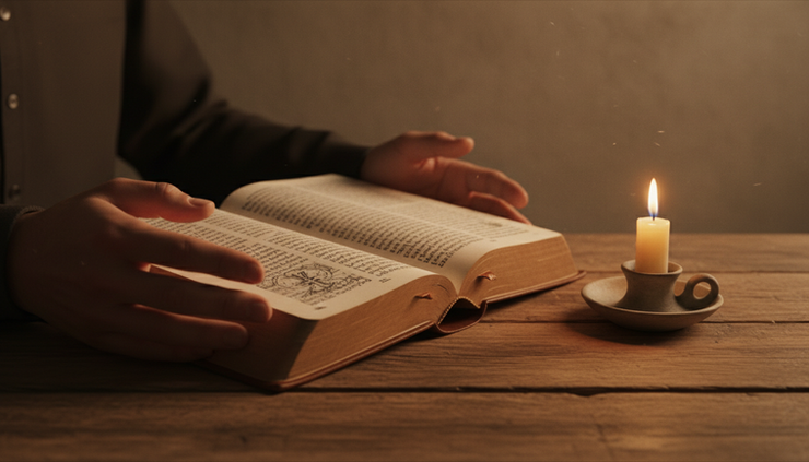 Close-up view of two hands holding an open Bible beside a candle.
