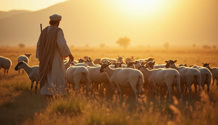 Eye-level view of a shepherd tending a flock of spotted and speckled sheep in a sunlit pasture