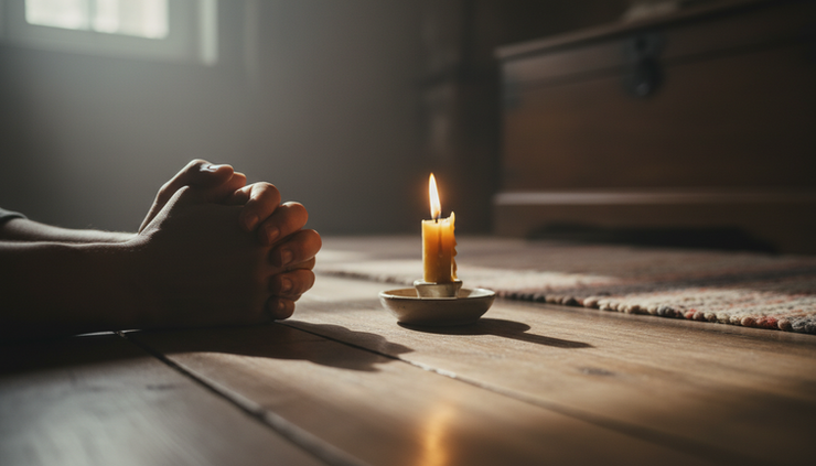 Close-up view of hands clasped in prayer beside a candle on a wooden floor in a quiet home.