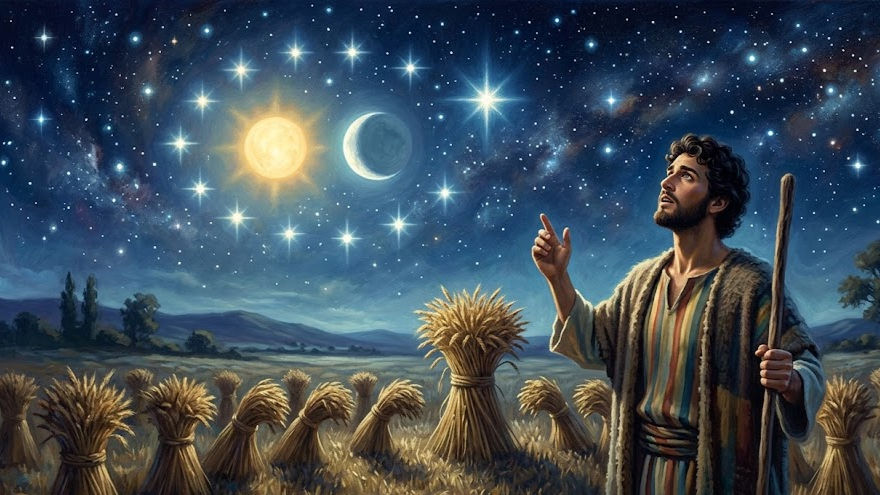 Eye-level view of a young man standing in a field under a starry sky, symbolizing Joseph’s dreams