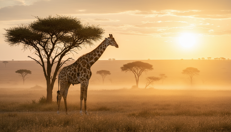 Wide-angle view of a giraffe standing near acacia trees at sunrise.