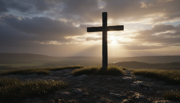 Wide-angle view of a wooden cross on a storm-washed hill at sunrise.