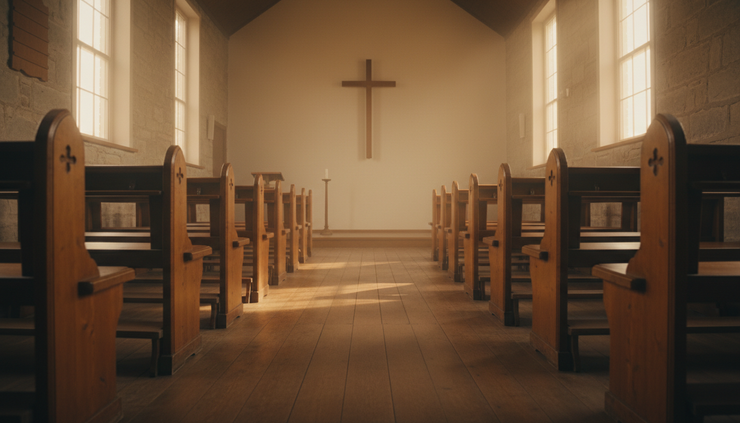 Eye-level view of a quiet church aisle leading toward a simple wooden cross.
