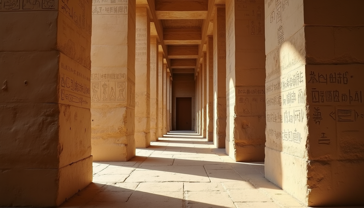 Eye-level view of an ancient Egyptian palace corridor with stone pillars and hieroglyphs