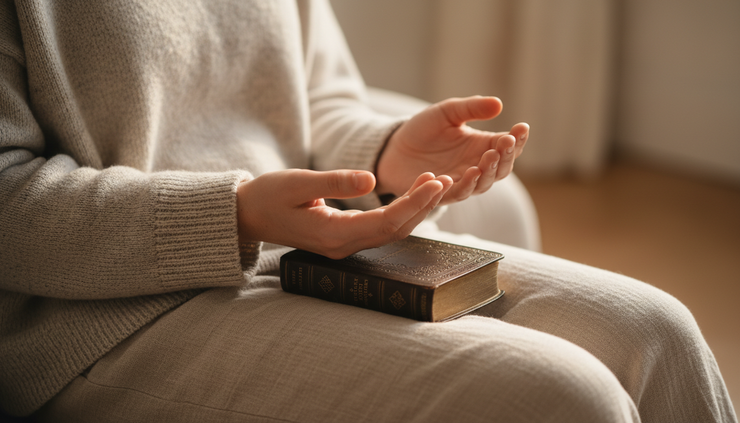 Close-up view of hands resting open on a lap beside a small Bible in soft morning light