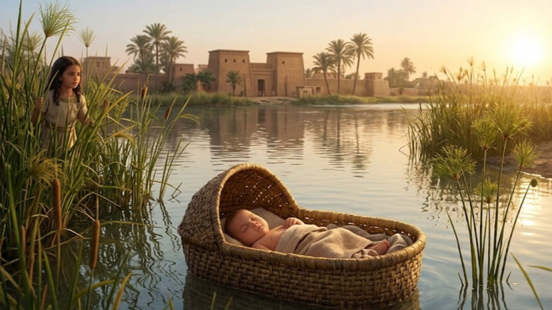Eye-level view of a basket floating on the Nile River near the riverbank