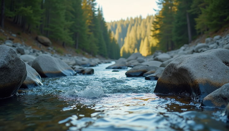 Eye-level view of a quiet river flowing gently through a rocky landscape