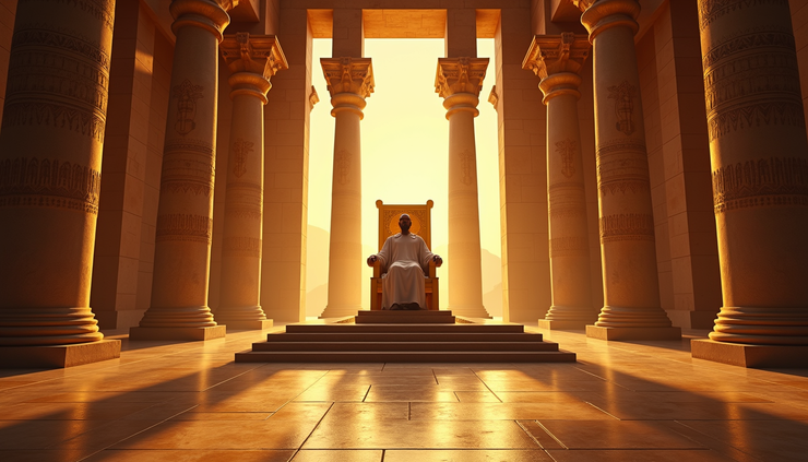 Eye-level view of an ancient Egyptian palace with grand columns and a golden throne