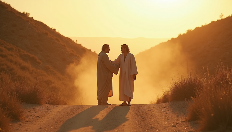 Eye-level view of a dusty path between two hills where two men meet with open arms