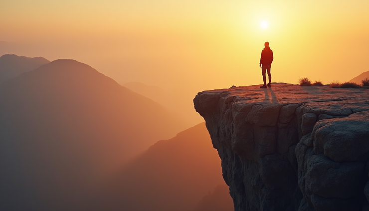 Eye-level view of a person standing on a rocky cliff overlooking a vast valley at sunrise