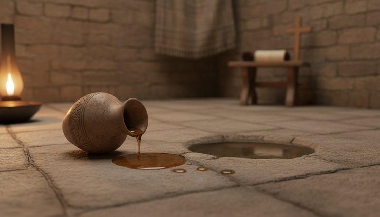 Eye-level view of a clay jar tipped gently beside a small pool of spilled perfume.