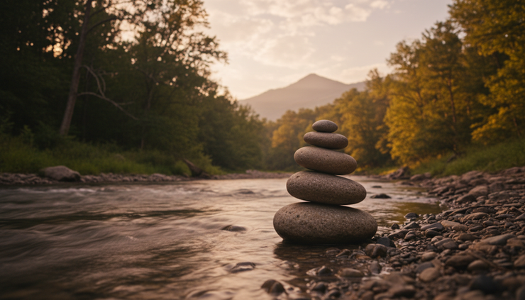 Low-angle view of smooth stones stacked beside a flowing river under soft evening light.