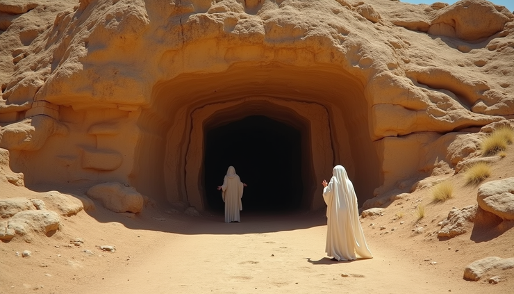 Eye-level view of a rocky cave entrance surrounded by dry hills