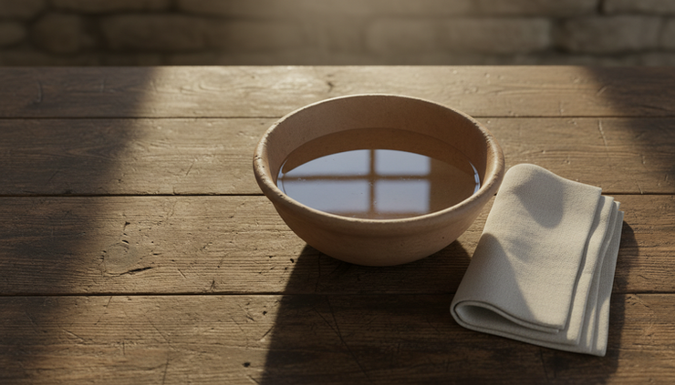 Overhead view of a small bowl of water beside a folded white cloth.