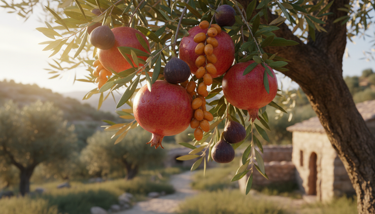 Close-up view of ripe fruit hanging from a sunlit branch