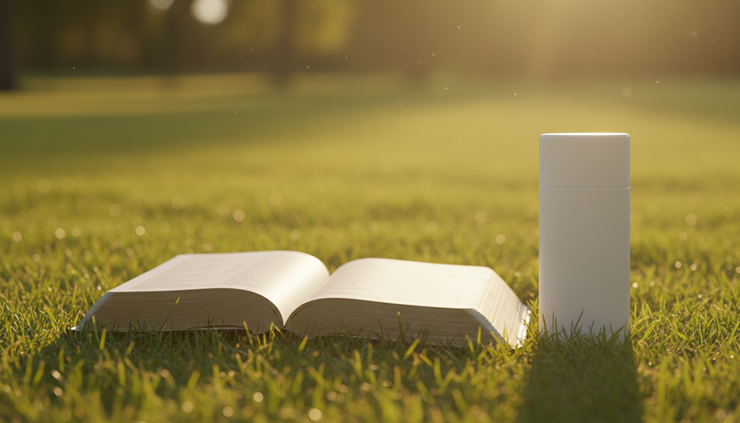 Close-up view of an open Bible resting on sunlit grass beside a small bottle of sunscreen