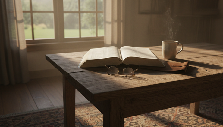 Wide-angle view of an open Bible on a wooden table near a sunlit window.