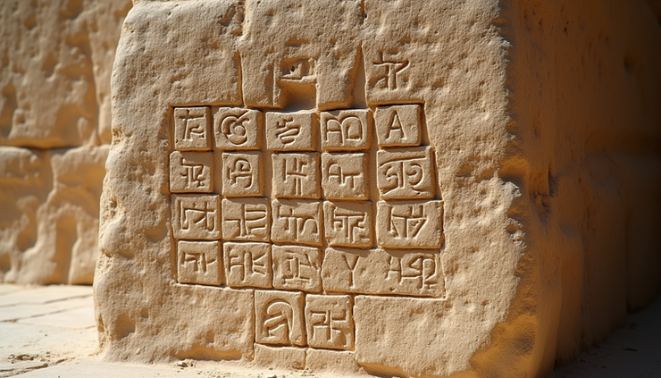 Eye-level view of an ancient family tree carved into stone
