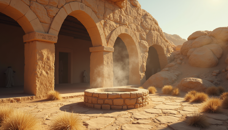 Eye-level view of a rustic well surrounded by ancient stone walls in a desert landscape