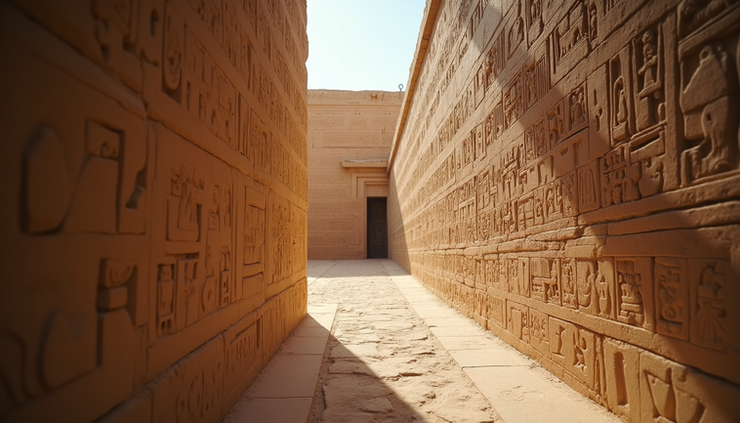 Eye-level view of ancient Egyptian palace walls with hieroglyphs