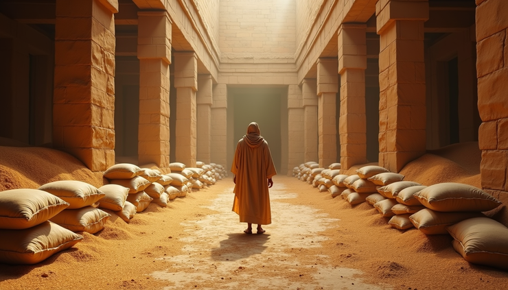 Eye-level view of ancient Egyptian granaries filled with grain sacks