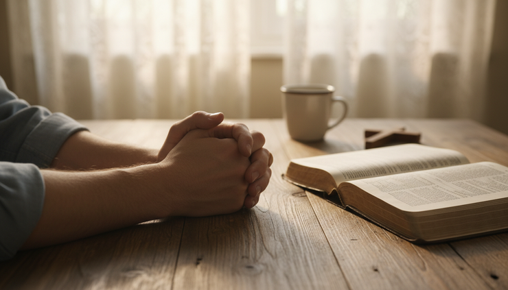 Close-up view of clasped hands resting beside an open Bible in soft morning light.