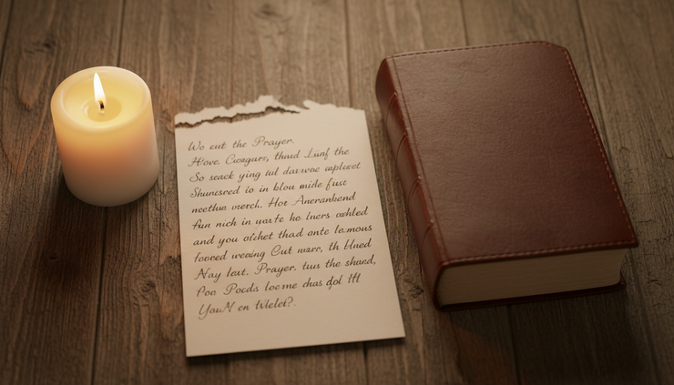 Overhead view of a small candle glowing beside a handwritten prayer on paper.
