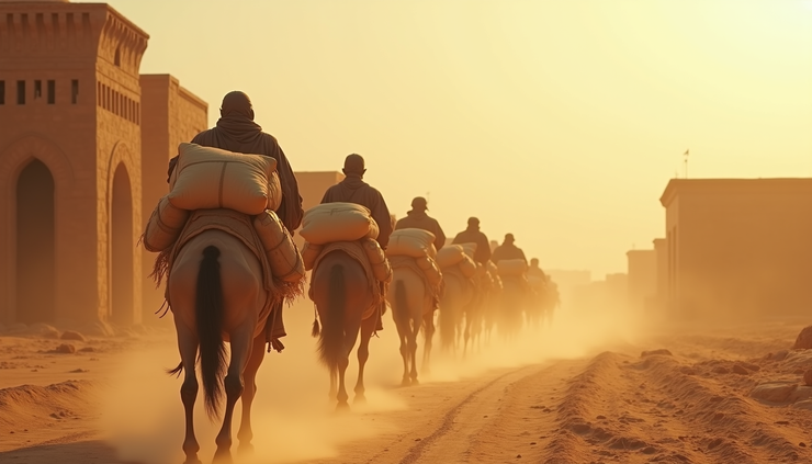 Eye-level view of a dusty caravan approaching an ancient Egyptian city