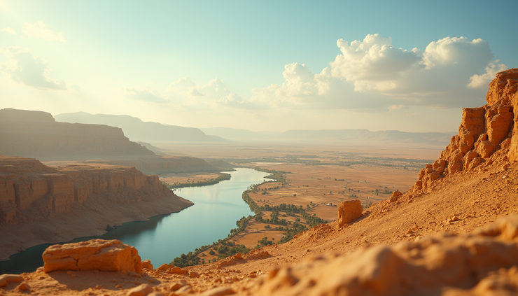 Eye-level view of an ancient Egyptian landscape with the Nile River and fertile fields