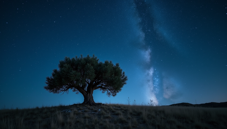 Eye-level view of an ancient olive tree under a starry night sky