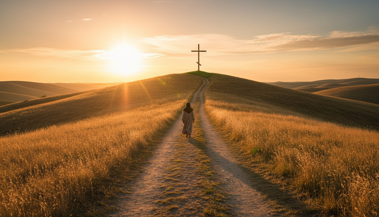 Wide-angle view of a person walking beneath bright sunlight toward a simple wooden cross on a hill