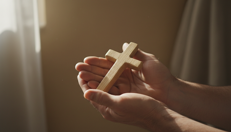 Eye-level view of a person holding a small wooden cross with both hands.