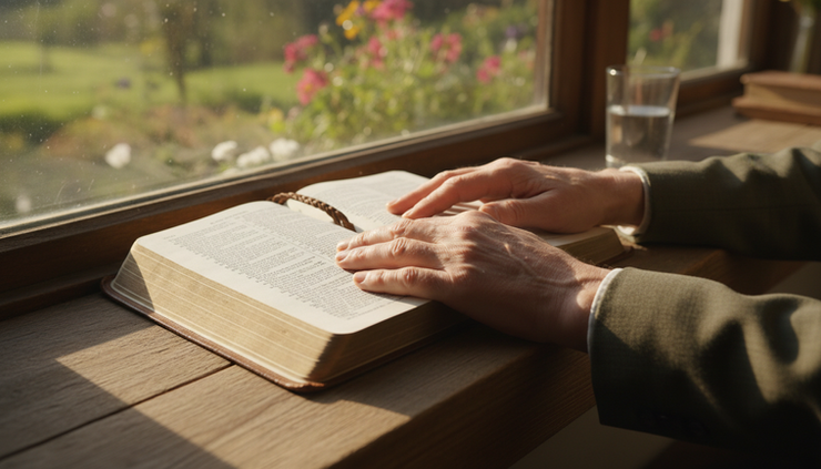 Close-up view of scarred hands resting on an open Bible