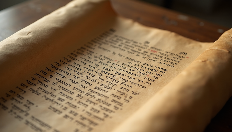 Eye-level view of an ancient scroll with genealogical records written in Hebrew
